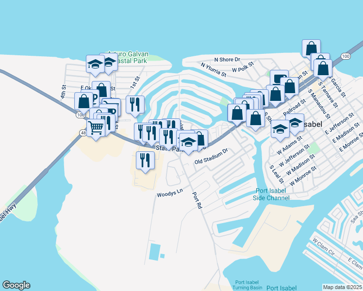 map of restaurants, bars, coffee shops, grocery stores, and more near 109 Island Avenue in Port Isabel