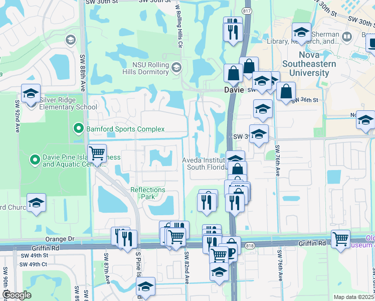 map of restaurants, bars, coffee shops, grocery stores, and more near 4043 West Lake Estates Drive in Davie
