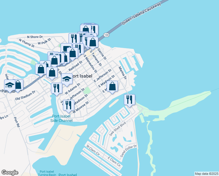 map of restaurants, bars, coffee shops, grocery stores, and more near 800-898 South Manautou Street in Port Isabel