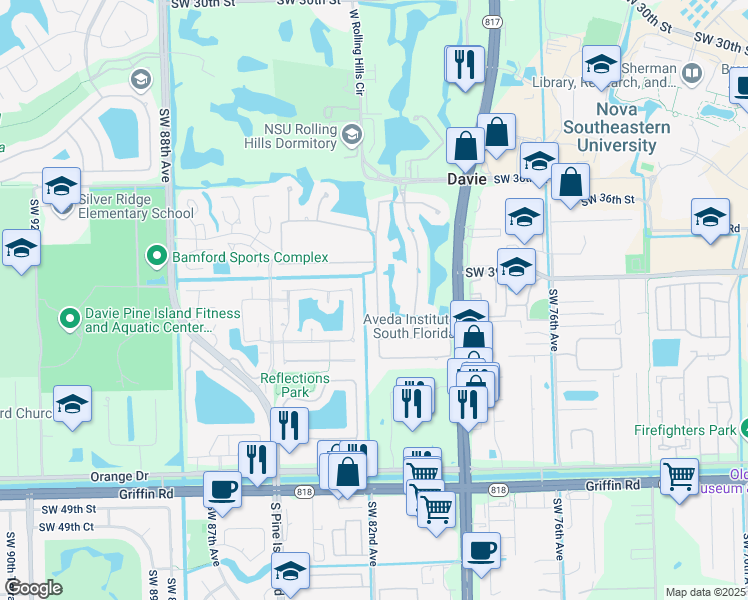 map of restaurants, bars, coffee shops, grocery stores, and more near 4043 West Lake Estates Drive in Davie