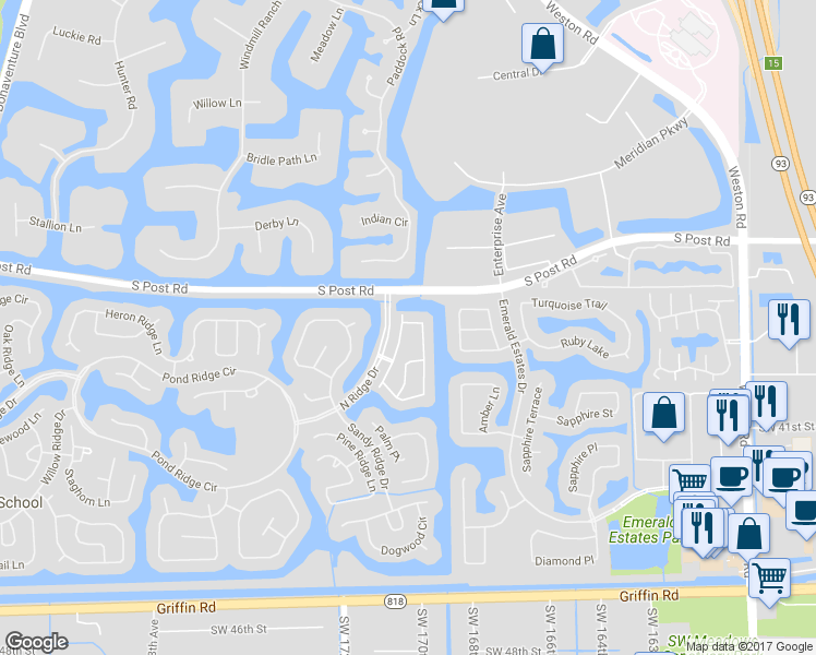 map of restaurants, bars, coffee shops, grocery stores, and more near 3665 San Simeon Circle in Weston