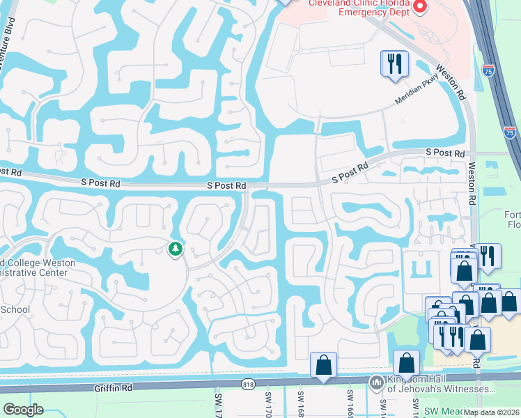 map of restaurants, bars, coffee shops, grocery stores, and more near 3669 San Simeon Circle in Weston