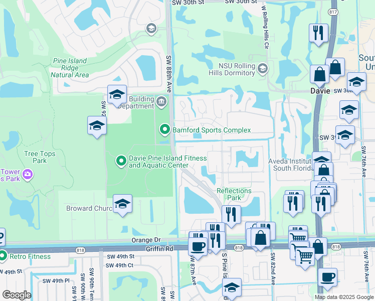 map of restaurants, bars, coffee shops, grocery stores, and more near 8618 Bridle Path Court in Davie