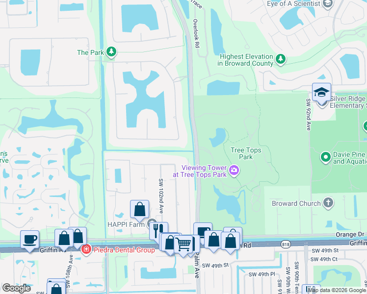 map of restaurants, bars, coffee shops, grocery stores, and more near 10018 Laurel Road in Davie