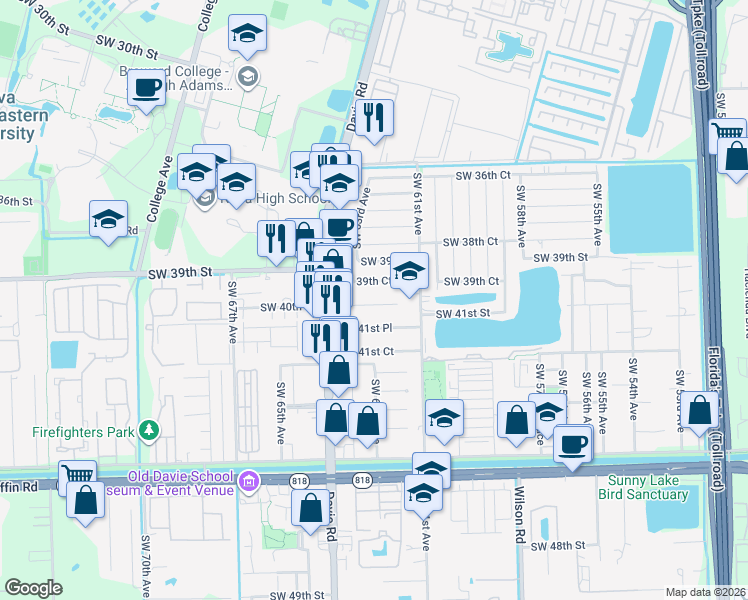 map of restaurants, bars, coffee shops, grocery stores, and more near 6300 Southwest 41st Street in Davie