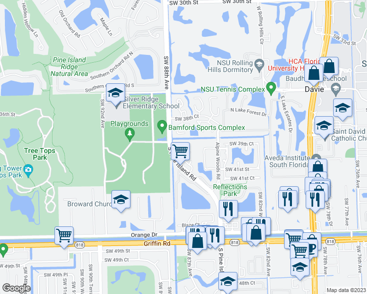 map of restaurants, bars, coffee shops, grocery stores, and more near 8618 Bridle Path Court in Davie
