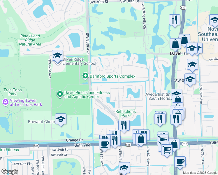 map of restaurants, bars, coffee shops, grocery stores, and more near 8521 Old Country Manor in Davie