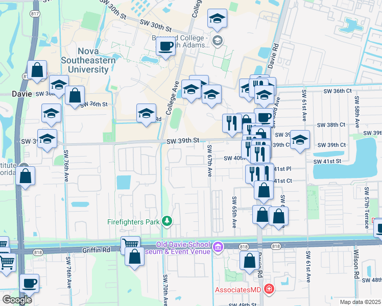 map of restaurants, bars, coffee shops, grocery stores, and more near 6780 Southwest 40th Street in Davie