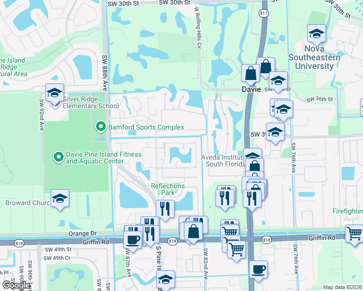 map of restaurants, bars, coffee shops, grocery stores, and more near 3960 Southwest 84th Terrace in Davie