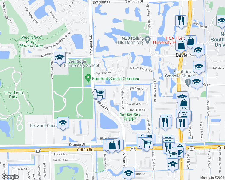 map of restaurants, bars, coffee shops, grocery stores, and more near 8521 Old Country Manor in Davie
