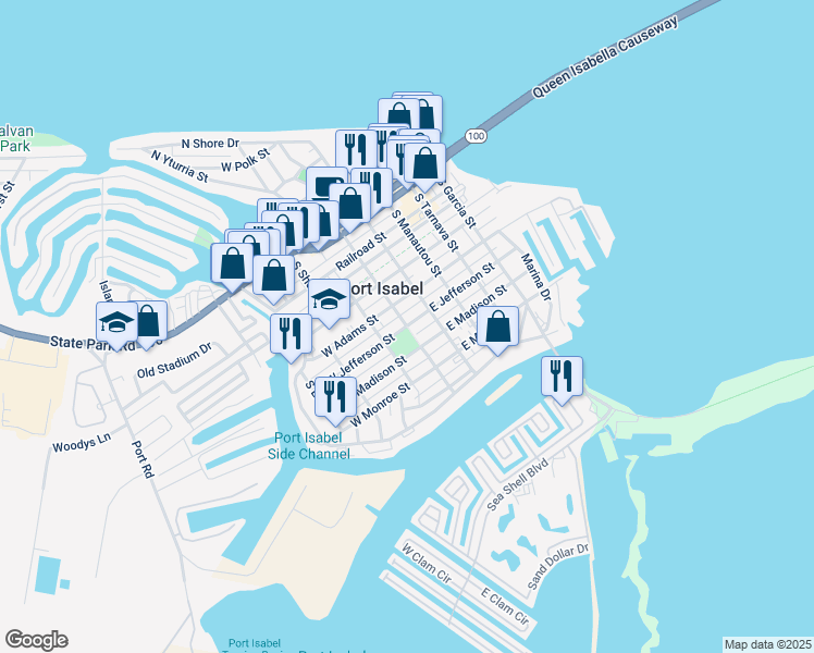 map of restaurants, bars, coffee shops, grocery stores, and more near 600 South Musina Street in Port Isabel