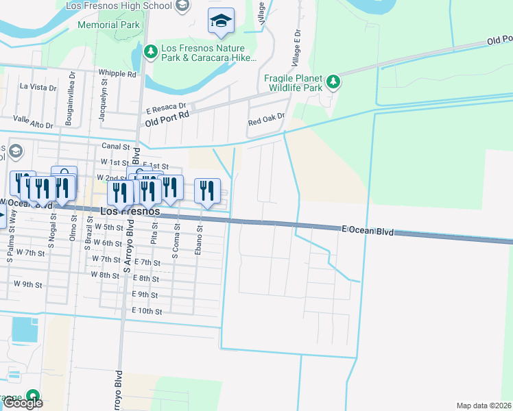 map of restaurants, bars, coffee shops, grocery stores, and more near 511 East Ocean Boulevard in Los Fresnos