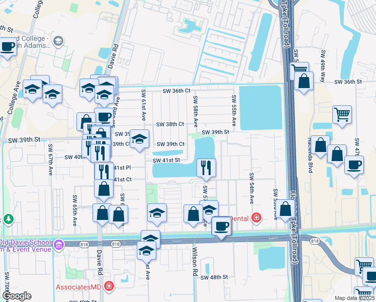 map of restaurants, bars, coffee shops, grocery stores, and more near 4100 Southwest 58th Terrace in Davie