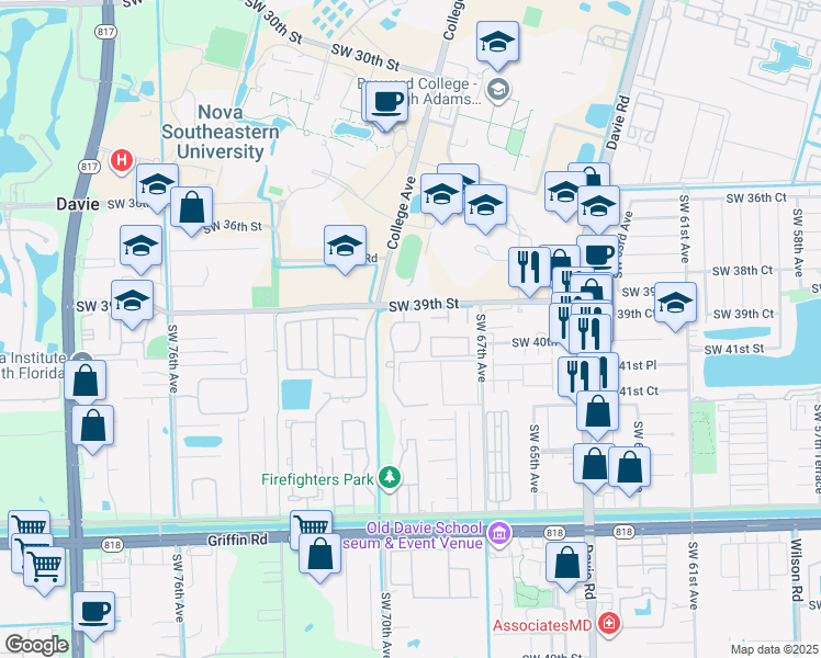 map of restaurants, bars, coffee shops, grocery stores, and more near 6952 Southwest 39th Street in Davie