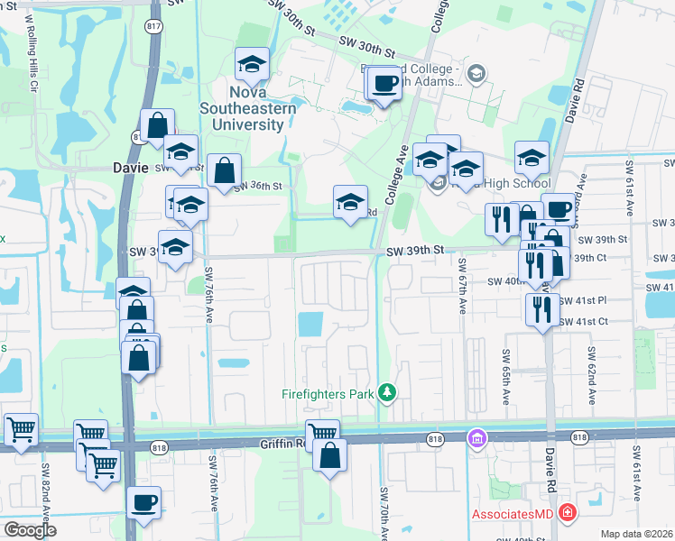 map of restaurants, bars, coffee shops, grocery stores, and more near 4010 Southwest 72nd Way in Davie