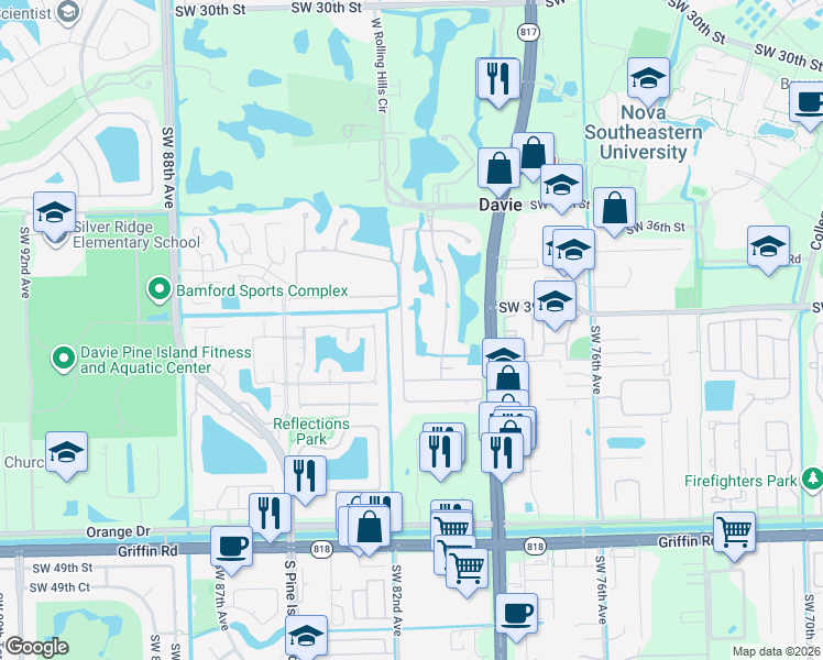 map of restaurants, bars, coffee shops, grocery stores, and more near 4043 West Lake Estates Drive in Davie