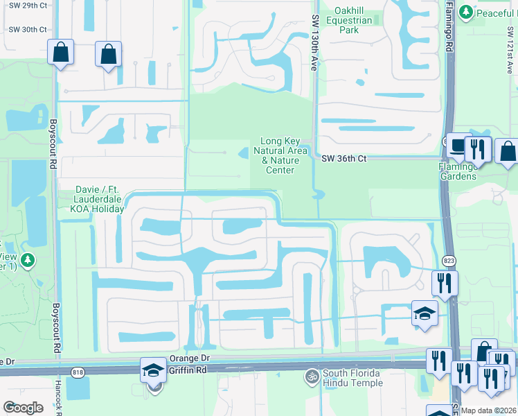 map of restaurants, bars, coffee shops, grocery stores, and more near 3950 Southwest 132nd Avenue in Davie