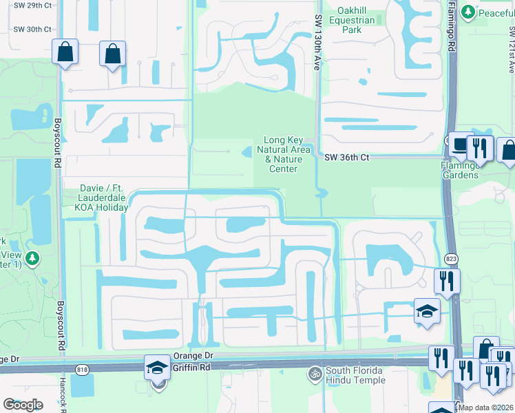 map of restaurants, bars, coffee shops, grocery stores, and more near 13298 Southwest 39th Street in Davie