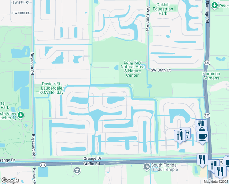 map of restaurants, bars, coffee shops, grocery stores, and more near 13298 Southwest 39th Street in Davie