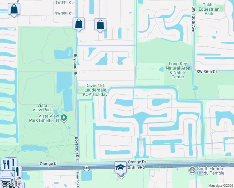 map of restaurants, bars, coffee shops, grocery stores, and more near 13882 Southwest 39th Street in Davie