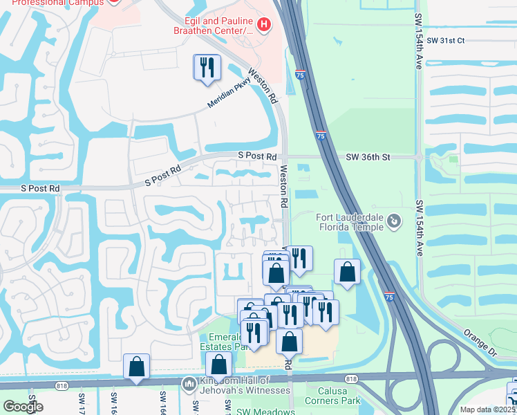 map of restaurants, bars, coffee shops, grocery stores, and more near 16000 Emerald Cove Road in Weston