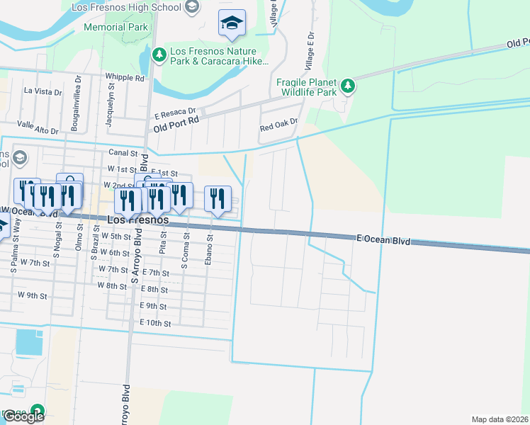 map of restaurants, bars, coffee shops, grocery stores, and more near 511 East Ocean Boulevard in Los Fresnos