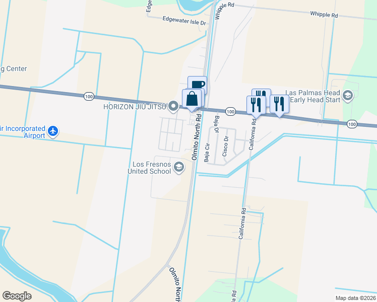 map of restaurants, bars, coffee shops, grocery stores, and more near 33536-33612 Olmito North Rd in San Benito