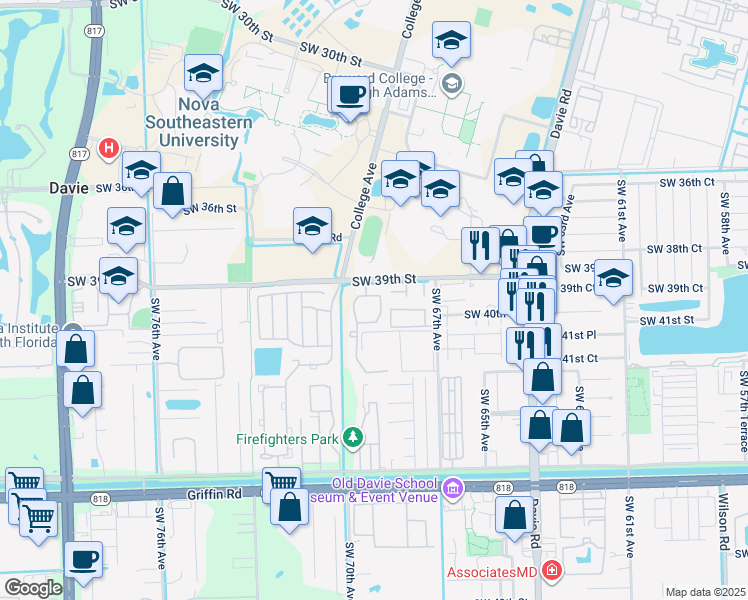 map of restaurants, bars, coffee shops, grocery stores, and more near 6952 Southwest 39th Street in Davie
