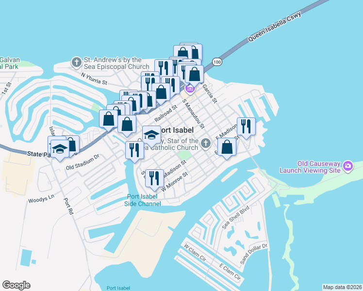map of restaurants, bars, coffee shops, grocery stores, and more near 600-698 South Musina Street in Port Isabel