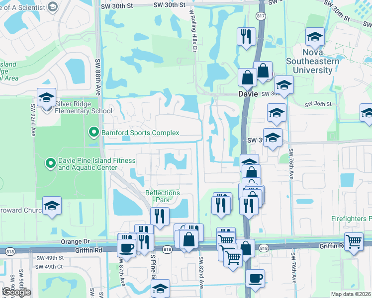 map of restaurants, bars, coffee shops, grocery stores, and more near 4011 Southwest 82nd Terrace in Davie