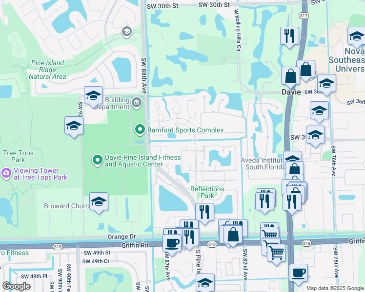 map of restaurants, bars, coffee shops, grocery stores, and more near 8521 Old Country Manor in Davie