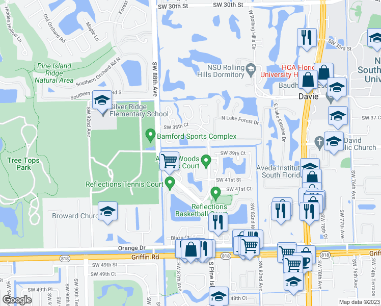 map of restaurants, bars, coffee shops, grocery stores, and more near 8521 Old Country Manor in Davie