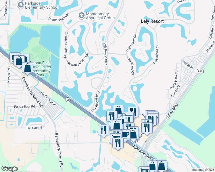 map of restaurants, bars, coffee shops, grocery stores, and more near 8600 Mystic Greens Way in Naples