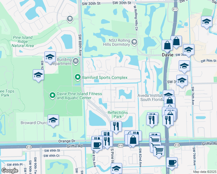 map of restaurants, bars, coffee shops, grocery stores, and more near 8503 Old Country Manor in Davie