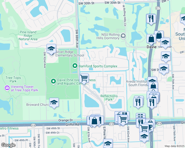 map of restaurants, bars, coffee shops, grocery stores, and more near 8521 Old Country Manor in Davie
