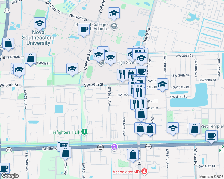 map of restaurants, bars, coffee shops, grocery stores, and more near 6650 Southwest 39th Street in Davie