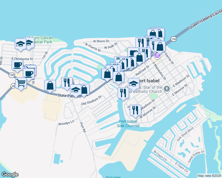 map of restaurants, bars, coffee shops, grocery stores, and more near 101 Railroad Avenue in Port Isabel
