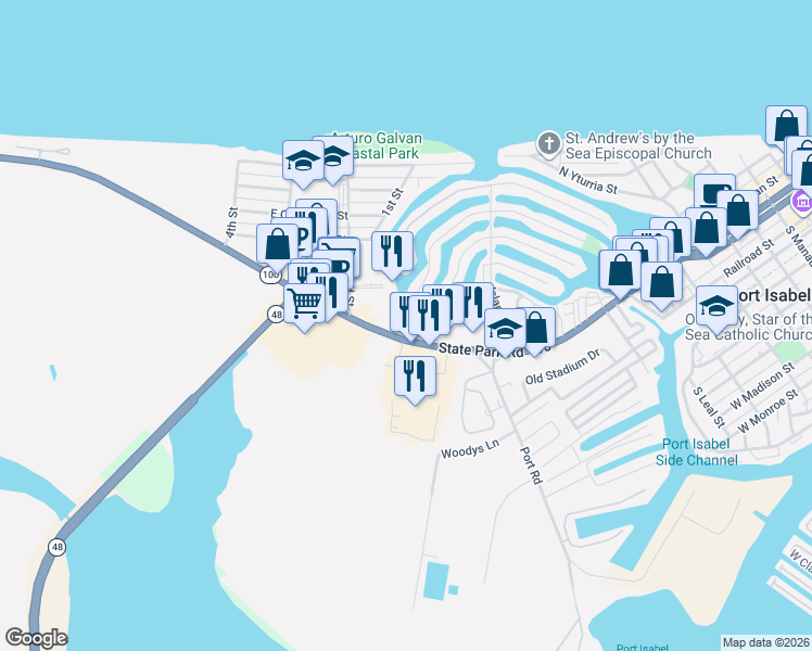 map of restaurants, bars, coffee shops, grocery stores, and more near 1699 Harbor Island Drive in Port Isabel