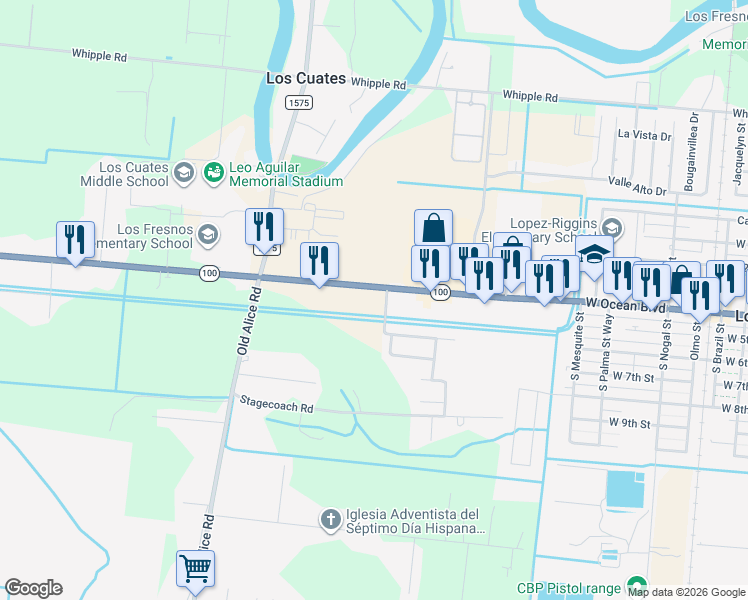 map of restaurants, bars, coffee shops, grocery stores, and more near 35838 Texas 100 in Los Fresnos