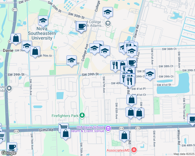 map of restaurants, bars, coffee shops, grocery stores, and more near 6769 Southwest 39th Court in Davie