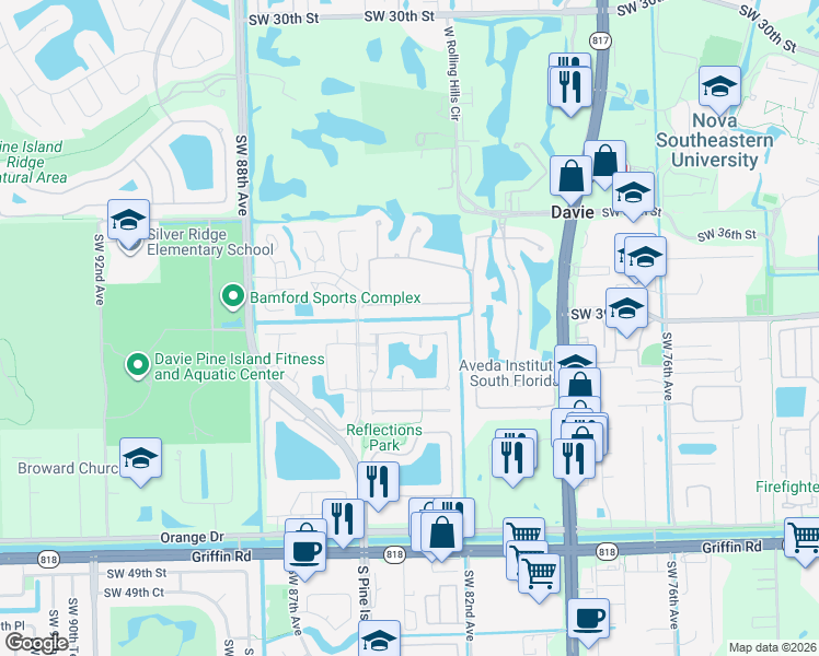 map of restaurants, bars, coffee shops, grocery stores, and more near 8424 South Lake Forest Drive in Davie