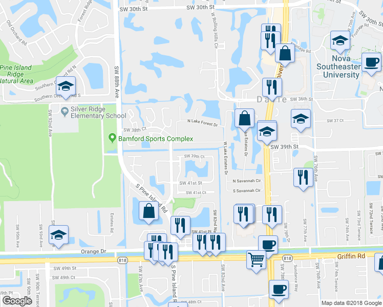 map of restaurants, bars, coffee shops, grocery stores, and more near 8424 South Lake Forest Drive in Davie