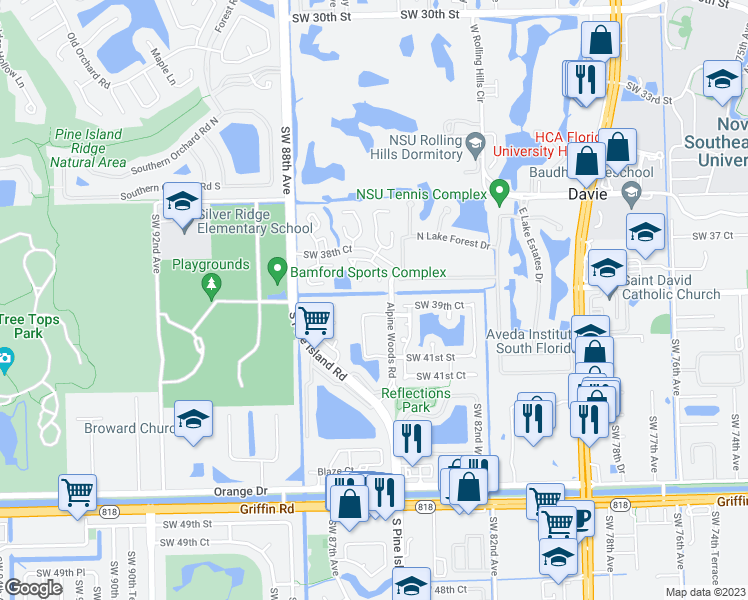map of restaurants, bars, coffee shops, grocery stores, and more near 3785 West Valley Green Drive in Davie