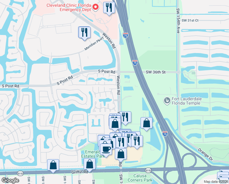 map of restaurants, bars, coffee shops, grocery stores, and more near 16049 Emerald Cove Road in Weston