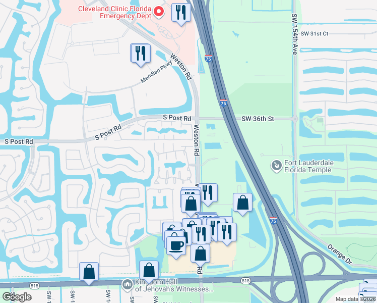 map of restaurants, bars, coffee shops, grocery stores, and more near 16105 Emerald Cove Road in Weston