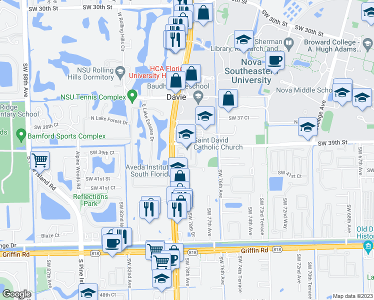 map of restaurants, bars, coffee shops, grocery stores, and more near 3900 South University Drive in Davie