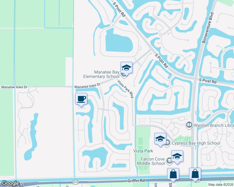 map of restaurants, bars, coffee shops, grocery stores, and more near 3623 West Gardenia Avenue in Weston
