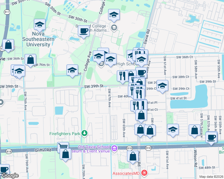 map of restaurants, bars, coffee shops, grocery stores, and more near 6650 Southwest 39th Street in Davie