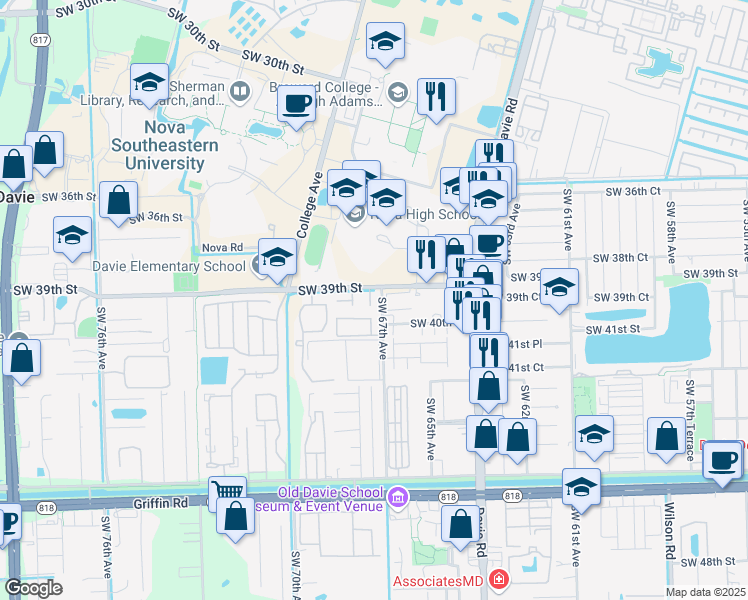 map of restaurants, bars, coffee shops, grocery stores, and more near 6650 Southwest 39th Street in Davie