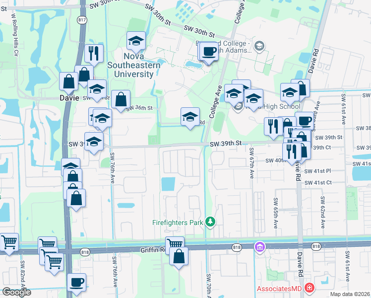 map of restaurants, bars, coffee shops, grocery stores, and more near 7111 Southwest 39th Court in Davie